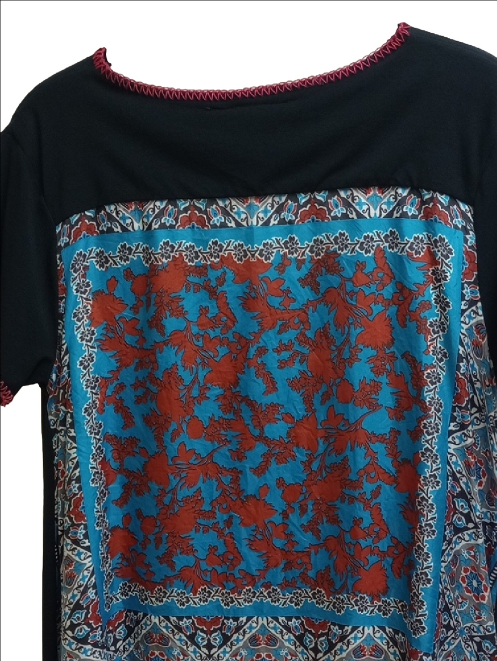 JOHNNY WAS SILK BOHO SHORT SLEEVE TUNIC SHIRT WITH SILK BACK FLORAL PANEL - Picture 6 of 8